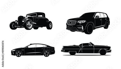 Vintage hot rod, modern SUV, sedan, and classic convertible car silhouettes.