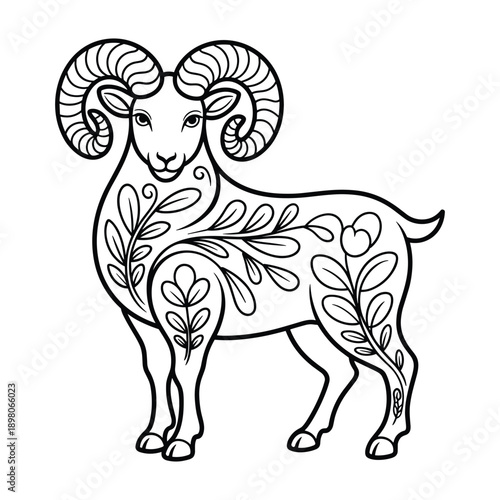 Artistic outline of a ram with intricate floral patterns covering its body and magnificent curled horns