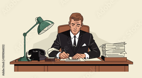 Businessman sitting at a desk, working on documents with a lamp and papers nearby, office environment, front view flat vector illustration of 1960s