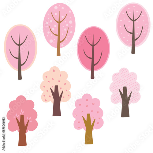 Set of Pastel Pink Cherry Blossom and Spring Tree Illustrations