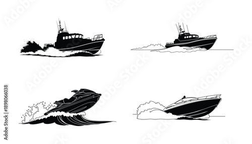 Dynamic boat and jet ski silhouettes speeding on waves.