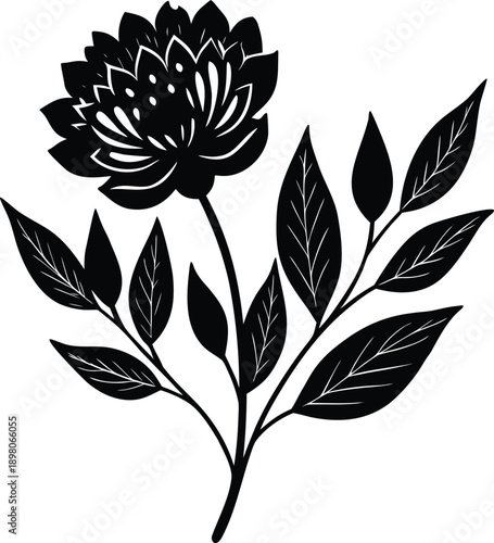 Silhouette of a flower with leaves black and white illustration silhouette