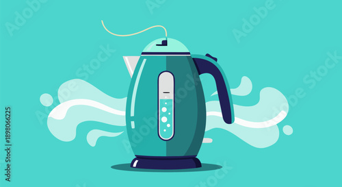 teal electric kettle steaming water vector illustration with aqua background