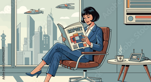 A stylish businesswoman relaxes in her office chair, reading a magazine with futuristic city views.