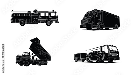 Specialized truck silhouettes: fire engine, armored truck, dump truck, tow truck.