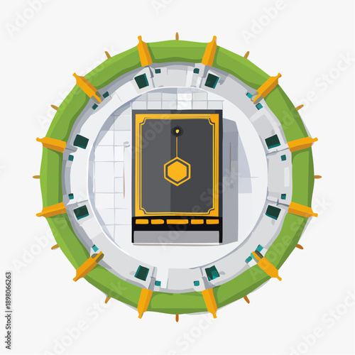 Decorative Kaaba icon with circular ornament symbolizing unity, Islamic spirituality, and sacred pilgrimage concept