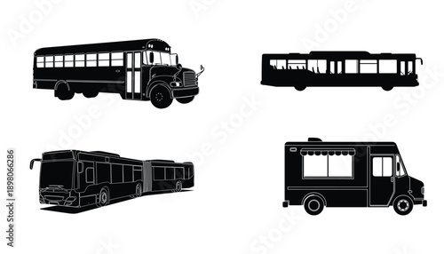 Bus and food truck silhouettes: school bus, articulated bus, food truck.
