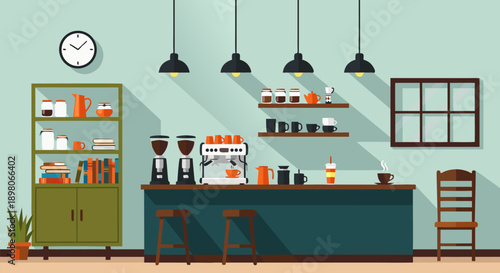 Cozy cafe interior vector illustration with coffee machines, bar, and seating area