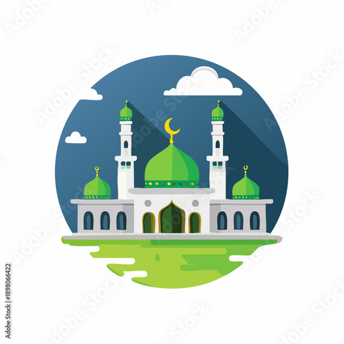 Mosque landscape with greenery illustration symbolizing peaceful Islamic environment, spirituality, and cultural harmony