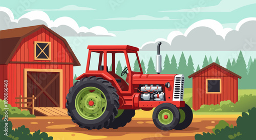 Classic red tractor in front of a barn, vector illustration for rural scenes