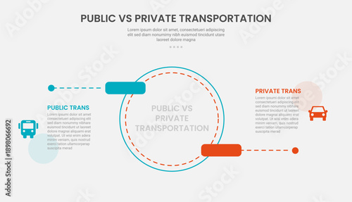 public vs private transportation infographic outline style with 2 point comparison template with big circle and round rectangle pointer up and down for slide presentation