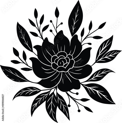 Silhouette of a large flower with leaves and branches