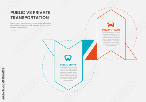 public vs private transportation infographic outline style with 2 point comparison template with creative arrow ups and down for slide presentation