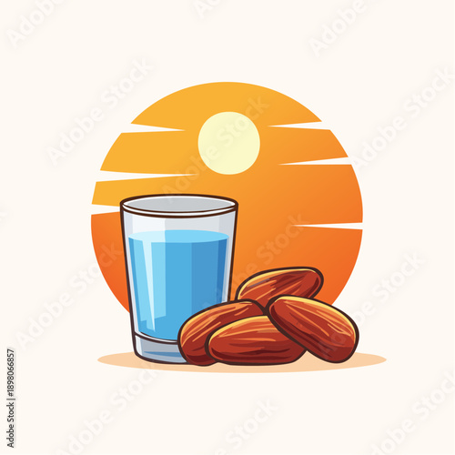 Dates and milk for iftar meal icon representing traditional Ramadan food and Islamic fasting break concept