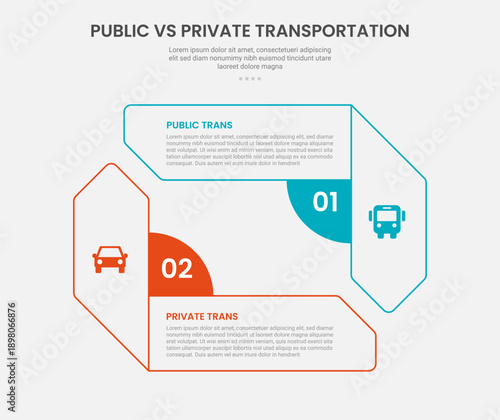 public vs private transportation infographic outline style with 2 point comparison template with creative rectangle arrow opposite direction for slide presentation