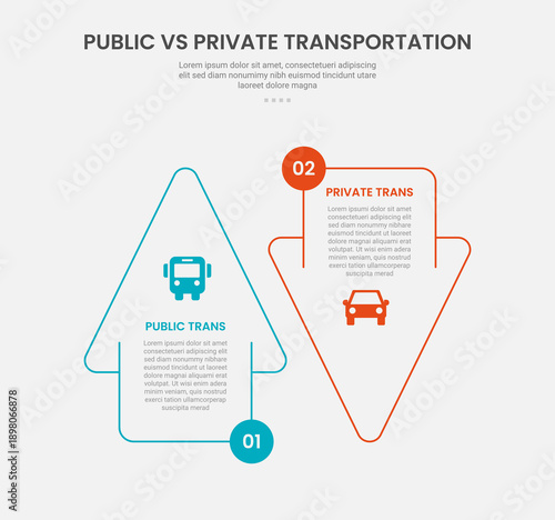 public vs private transportation infographic outline style with 2 point comparison template with big arrow ups and down opposite direction for slide presentation