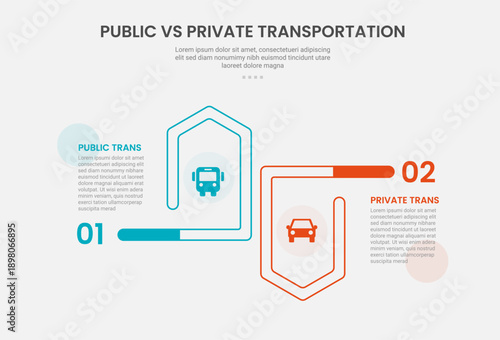 public vs private transportation infographic outline style with 2 point comparison template with for slicreative arrow ups and down opposite directionde presentation