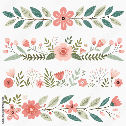 A collection of floral arrangements and botanical elements, featuring flowers and leaves, in a decorative illustration style