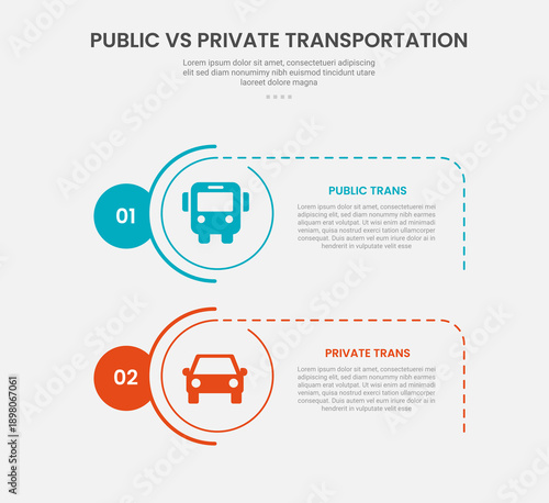 public vs private transportation infographic outline style with 2 point comparison template with creative circle stack vertical for slide presentation