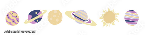 Colorful planets, sun, and celestial bodies in a flat vector style on a dark starry background. Artistic minimalist solar system illustration ideal for educational posters, children’s books, and decor