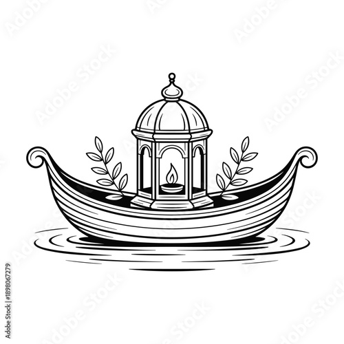 Decorative ornate gondola boat with a lantern and branches on water surface illustration