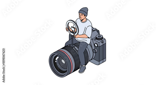 Illustration of a photographer sitting on a giant camera lens with a reflective lens cap