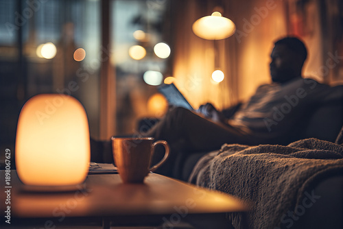 Man working on tablet in softly lit living room, reclining on sofa under a knit throw with glowing oval lamp and ceramic mug on table
