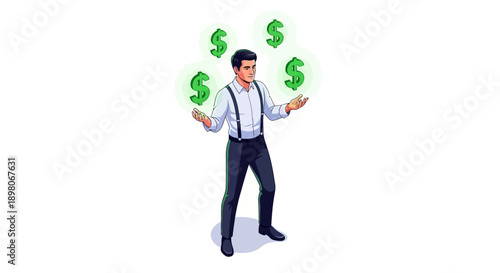 Man surrounded by floating dollar signs in a surreal illustration depicting financial concepts
