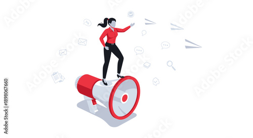 Woman standing on giant pencil, pointing forward in dynamic motion, surrounded by floating office supplies in modern illustration style