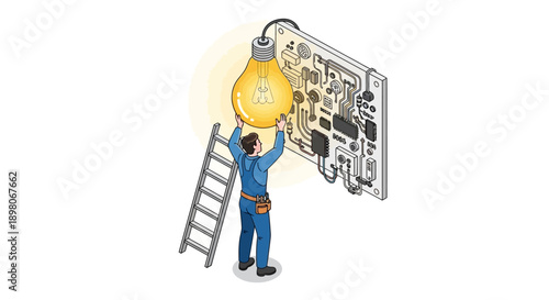 Man on ladder replacing light bulb in complex electrical panel with exposed wiring and various components