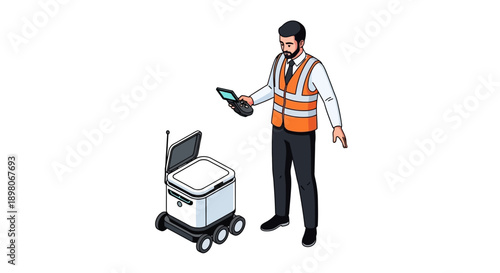 Technician operating robotic equipment with remote control in industrial setting viewed from front