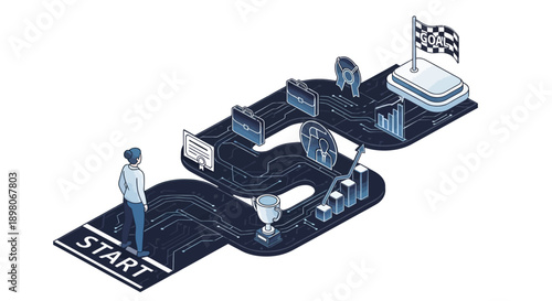 Man standing on a winding road track with start sign leading to various business and technology elements finishing at a flag