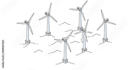 Multiple wind turbines standing on hills viewed from a slight angle, showcasing renewable energy technology
