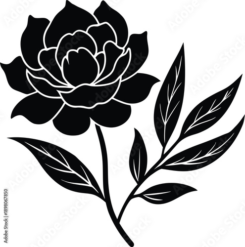 Black silhouette of a blooming flower with leaves