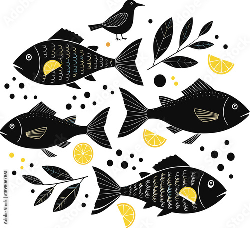 Black fish and bird decorative composition with lemon slices and leaves in modern flat vector illustration style on white background
