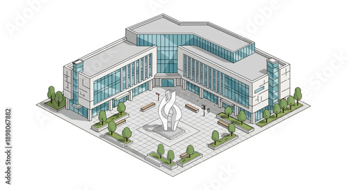 Isometric illustration of a modern building complex with a statue in the center, surrounded by trees and walkways.
