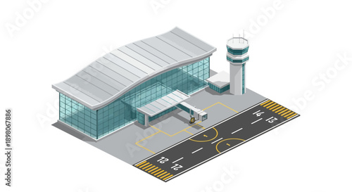 Isometric illustration of an airport terminal with control tower and runway