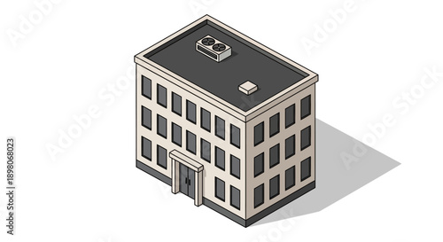 Isometric 3D illustration of a modern office building with multiple windows and a rooftop installation viewed from an elevated angle