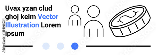 Two abstract human figures next to a large coin symbolizing teamwork and economic themes. Ideal for finance, collaboration, investment, technology, business, startups, simple landing page
