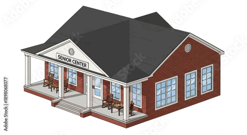 Isometric illustration of a service center building with a porch and chairs outside