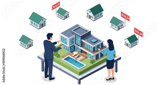 Real Estate Agents Discussing House Options Around a Model Home with Pool
