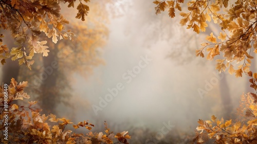 Autumn foliage frame background with golden leaves and soft misty copy space.
