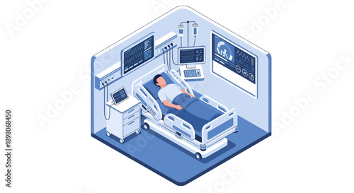 Isometric illustration of a patient resting in a hospital bed surrounded by medical equipment in a modern healthcare facility viewed from above
