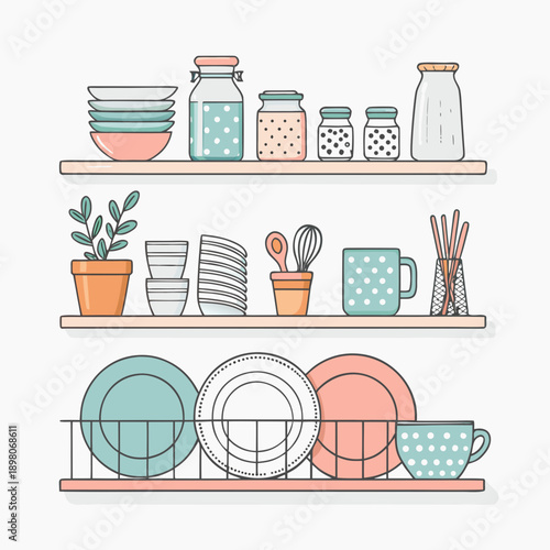 Kitchen utensils and dishes neatly arranged on wooden shelves and a metal rack in a domestic setting viewed from the front