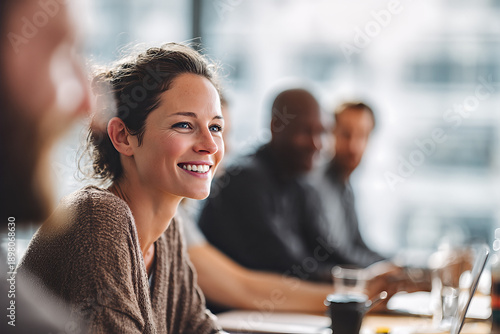 Smiling female project manager in brown knit sweater, hair in a loose bun, attentively engaged at a sunlit conference table with two colleagues