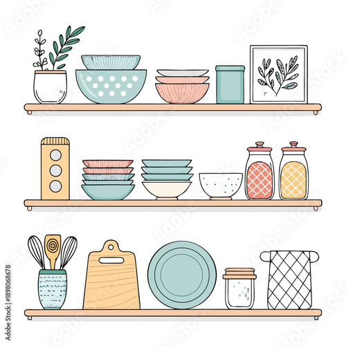 Assorted kitchenware items neatly arranged on wooden shelves in a well-organized kitchen setting from a straight-on viewpoint