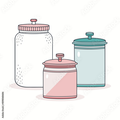 Three glass jars with lids, varying in size and pastel colors, arranged closely together on a flat surface.