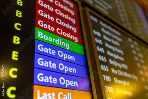 Close-up view of an airport departure information board displaying flight boarding status, gate opening, gate closing, and last call notices at a Airport.