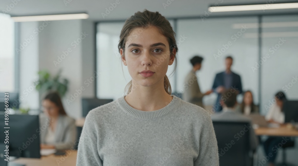 Obraz premium Confident young businesswoman in modern office environment, depicting success and career advancement