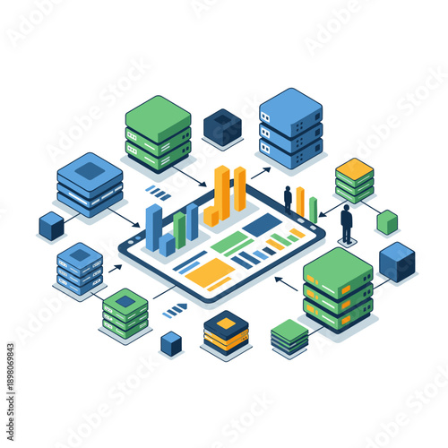Isometric illustration of data analysis on a digital tablet with various charts and graphs.